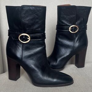 Franco Sarto Black Heeled Boots with Gold Accent